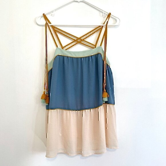 ANN TAYLOR LOFT Poolside Peplum Cami Cream Beige Blue Tassel Strappy Tank Blouse - Picture 2 of 12